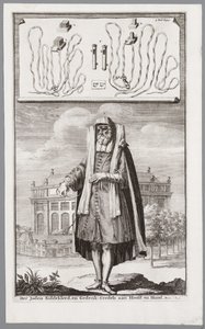 Jødisk mand, klædt på til bøn. I baggrunden den portugisiske synagoge i Amsterdam af Jan Luyken