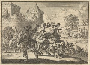 Den kejserlige kommandør Dampier falder fra sin hest efter et skud fra murene i Presburg (Bratislava), 1620 af Jan Luyken