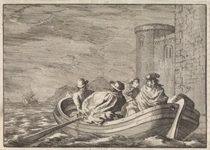 King James II flygter om natten i en robåd, 1688 af Jan Luyken