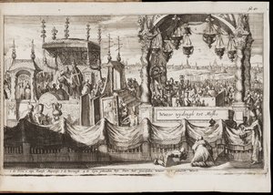 Vandets store velsignelse i Moskva (Årlig religiøs ceremoni med procession) - Værk af Jan (Johannes) Luyken (1649-1712), gravering (20,1x30 cm) af Jan Luyken