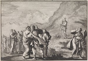 Moses tager imod lovens tavler og viser dem til folket af Jan Luyken