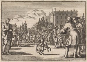 På en plads i Madrid har en menneskemængde samlet sig omkring Louisillo, dværgen af ​​den spanske konge, 1675 af Jan Luyken