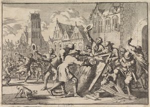 Optøjer i Dordrecht, hvor et billede af Cornelis de Witt bliver ødelagt af folket, 1672 af Jan Luyken