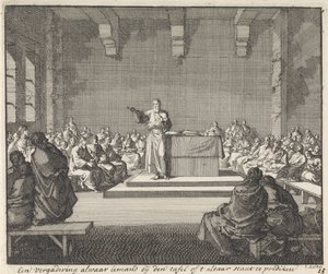 Prædiken ved et alter af en præst En forsamling, hvor man står ved bordet eller forkynder alter (titel på objekt) af Jan Luyken