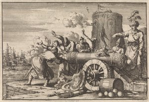 Under det franske bombardement af Algier bliver den franske konsul læsset ind i en kanon af algerierne og dræbt, 1683 af Jan Luyken