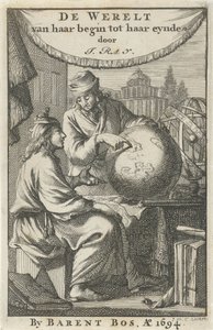 To mænd studerer en globus Titelside for: J. Ray, The World from Her Beginning to Her End, 1694 af Jan Luyken
