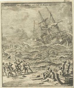 Forlis ved Kap det Gode Håb, 1693 Tre skibe styrter ved Cabo de Bonne Esperance (titel på objekt) af Jan Luyken