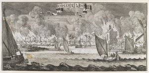 Udsigt over landsbyen Durgerdam, nær Amsterdam, under branden i 1687 (gravering) af Jan Luyken