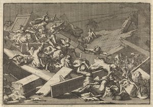 Etage i huskirken for den kejserlige befuldmægtigede grev von Bercka kollapser, 1697 af Jan Luyken