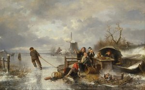 Børn leger på en frossen sø i et vinterlandskab (olie på lærred)