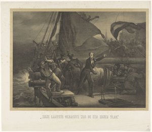 Jan van Speijk ved at smide lunten i lastrummet, 1831 Hans sidste tanke var æren af ​​hans flag (titel på objekt) af Jan Mesker