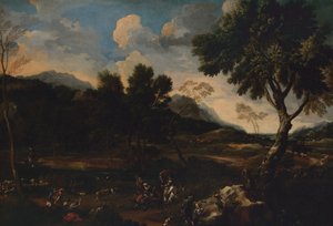 Landskab med en kamp mellem to væddere, ca. 1640.