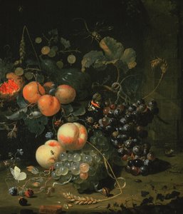 Stilleben med frugt og blomster