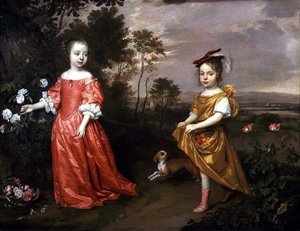 To børn og en hund i et landskab