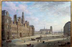 Rådhuset i Paris i 1868. Maleri af Jan Ostoga De Miodoucheski (Mioduzsewski) (1831 -? ). Olie på lærred. Mål: 0,78 x 1,17 m. Paris, Musee Carnavalet - Rådhuset i Paris i 1868. Maleri af Jan Ostoga af Miodoucheski (Mioduzsewski) (1831-? ). O af Jan Ostoja Mioduszewski