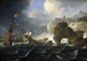 Et hollandsk skib og en galeon går på grund på en klippekyst i stormen. Olie på træ af Jan Peeters (1624-1677).