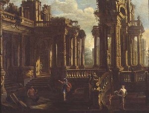 En capriccio af klassiske ruiner med en kriger, en satyr og Amor, der jagter en nymfe