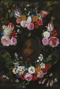 Cartouche dekoreret med swags og sprøjter af blomster af Jan Philip van Thielen