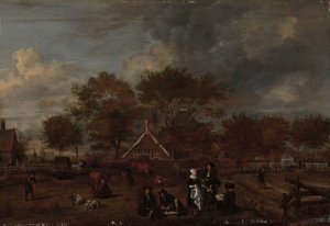 Gårdgård med herrebonden og hans kone og maleren i forgrunden af Jan Pietersz Opperdoes