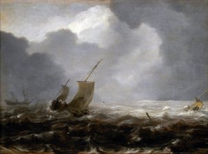 Fiskerbåde på en blæsende dag, på den til venstre af Jan Porcellis