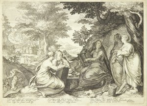 De forstandige jomfruer samlet i et landskab, i baggrunden Johannes Døberen, der prædiker af Jan Saenredam