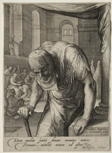 Heltinder i Det Nye Testamente: Den forkrøblede kvinde helbredt af Kristus. af Jan Saenredam