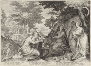 Fem vise jomfruer i et landskab med Johannes Døberens forkyndelse Lignelse om de vise og tåbelige jomfruer (serietitel) af Jan Saenredam