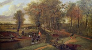Et skovklædt flodlandskab med figurer, hest og vogn, 1692