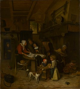 En scene i et bondekøkken med en tjener, der lægger kluden på plads af Jan Steen