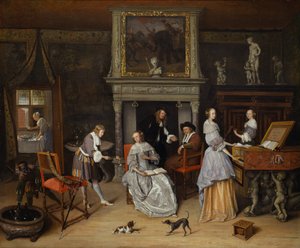 Fantasi-interiør med Jan Steen og Gerrit Schoutens familie af Jan Steen