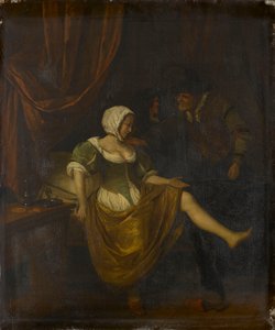 Scene i et bordel med en gammel mand, der giver penge til en pige af Jan Steen