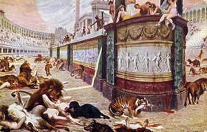 Postkort med de blodige spil i arenaen i Rom, illustration fra 