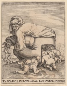 Manden med pengesækken og hans smigrer af Jan Theodor de Bry after Pieter Bruegel the Elder