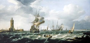 En flodmunding med hollandsk skibsfart i en stiv brise (olie på lærred) af Jan Theunisz Blankerhoff