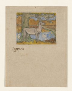Hjorte nær et træ foran en dam Hjorte nær et træ (original titel) af Jan Toorop (signed by artist)