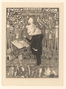 Dirigent med violiner og rygende skorstene bagved The State Treasury / The Hearth Cities (original titel) af Jan Toorop