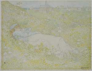 Kvinde liggende i klitterne nær Noordwijk Pige liggende i græsset med silhuetten af ​​Noordwijk i baggrunden af Jan Toorop