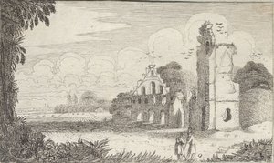 Landskab med en kirke i ruiner og to hyrder i samtale af Jan Van de Velde