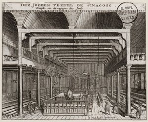 Interiør af den portugisiske synagoge i Amsterdam - Veenhuysen, Jan (aktiv 1656-1685) - Kobberstik - 11,2x13,7 - Leiden Universitetsbibliotek af Jan Veenhuysen