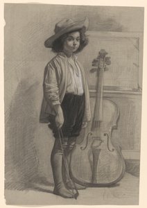 Dreng stående ved en cello af Jan Veth