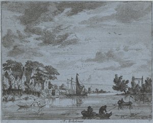 Forretning ved en flod Te, skoledreng (titel på objekt) Landskaber i Haarlem-området (serietitel) Gesigten udenfor Haarlem, Udført af. J.V.V. (serietitel på objekt)