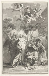 Allegorisk titelblad med portrættet af forfatteren Edward Simson Titelside for: Edward Simson, Chronicon historiam catholicam complectens, 1729