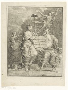 Personifikationer af de østrigske Nederlande og Frankrig Hollandsk og fransk ordbog / Dictionnaire Flamand et François (titel på objekt) Titelside for: François Halma, Den store franske og nederduitsch-ordbog, 1761 af Jan Wandelaar