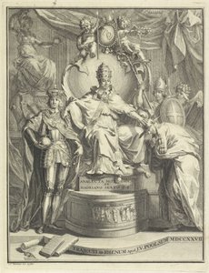 På tronen, Adrian VI Titelside for: Burmann, Kasper. Hadrianus VI eller den historiske anacleta af Hadrianus den sjette romerske pave, 1727 af Jan Wandelaar
