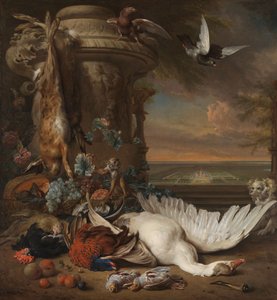 Jagt og frugtstilleben ved siden af en havevase med en abe, hund og to duer i det fjerne Rijksdorp nær Wassenaar, sæde for Jacob Emmery, baron af Wassenaar af Jan Baptist Weenix