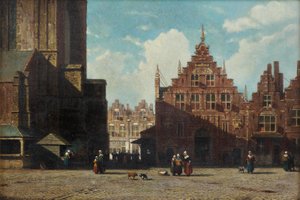 En solbelyst udsigt over Grote Markt med St. Bavo-kirken og Vleeshal, Haarlem (olie på panel)