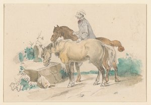 Bonde med to heste nær et trug med vand af Jan Weissenbruch