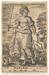 Justice, en allegorisk figur, der holder en balance i sin venstre hånd og et sværd i sin højre..., 1579.