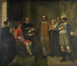 Jacob Simonsz de Rijk får den spanske generalguvernør anmodninger om at løslade Marnix van Sint Aldegonde, 1575 af Jan Willem Pieneman