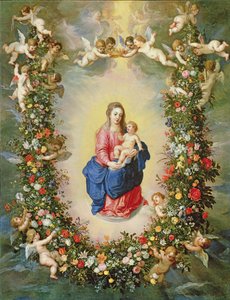 Jomfruen og barnet omkranset af en blomsterkrans holdt højt af keruber, ca. 1624 (olie på kobber)